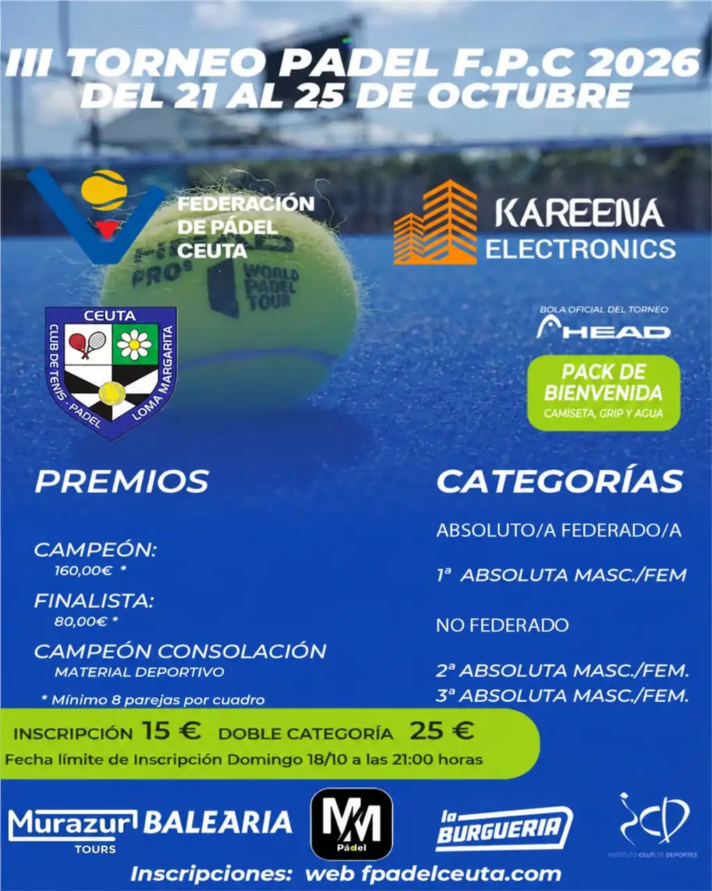Cartel del III Torneo Pádel F.P.C 2026, del 21 al 25 de octubre en Ceuta
